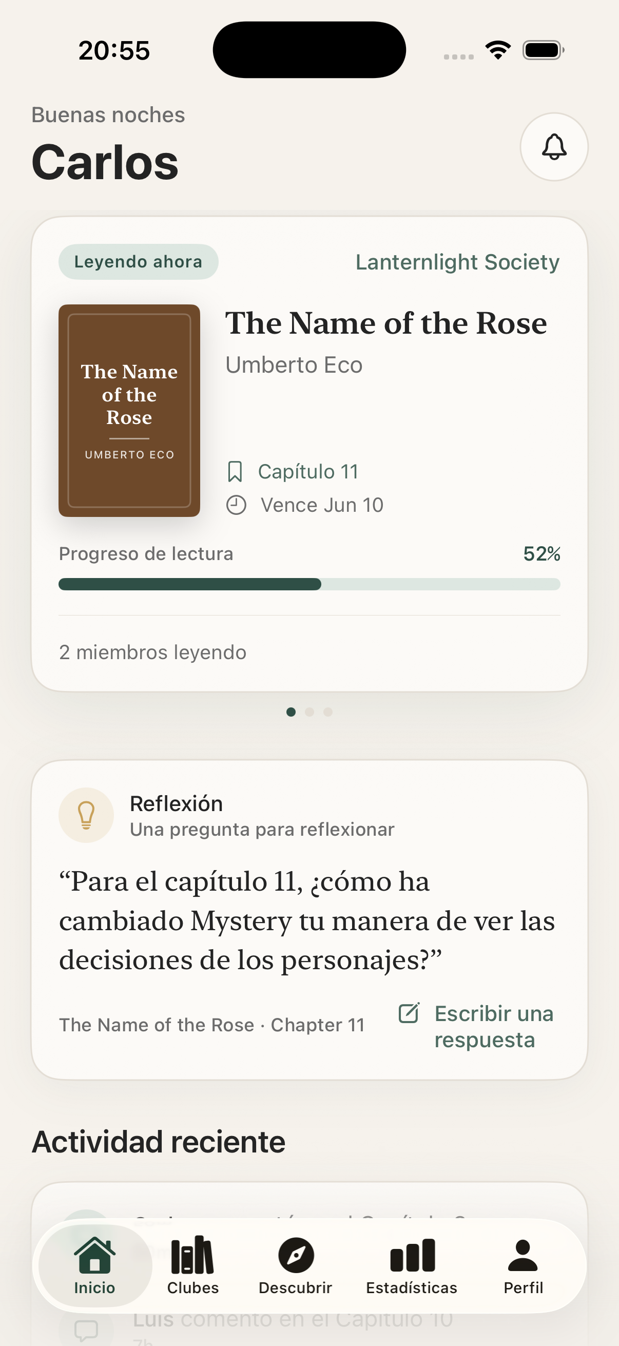 La app Lumira mostrando el libro y el progreso de un club de lectura