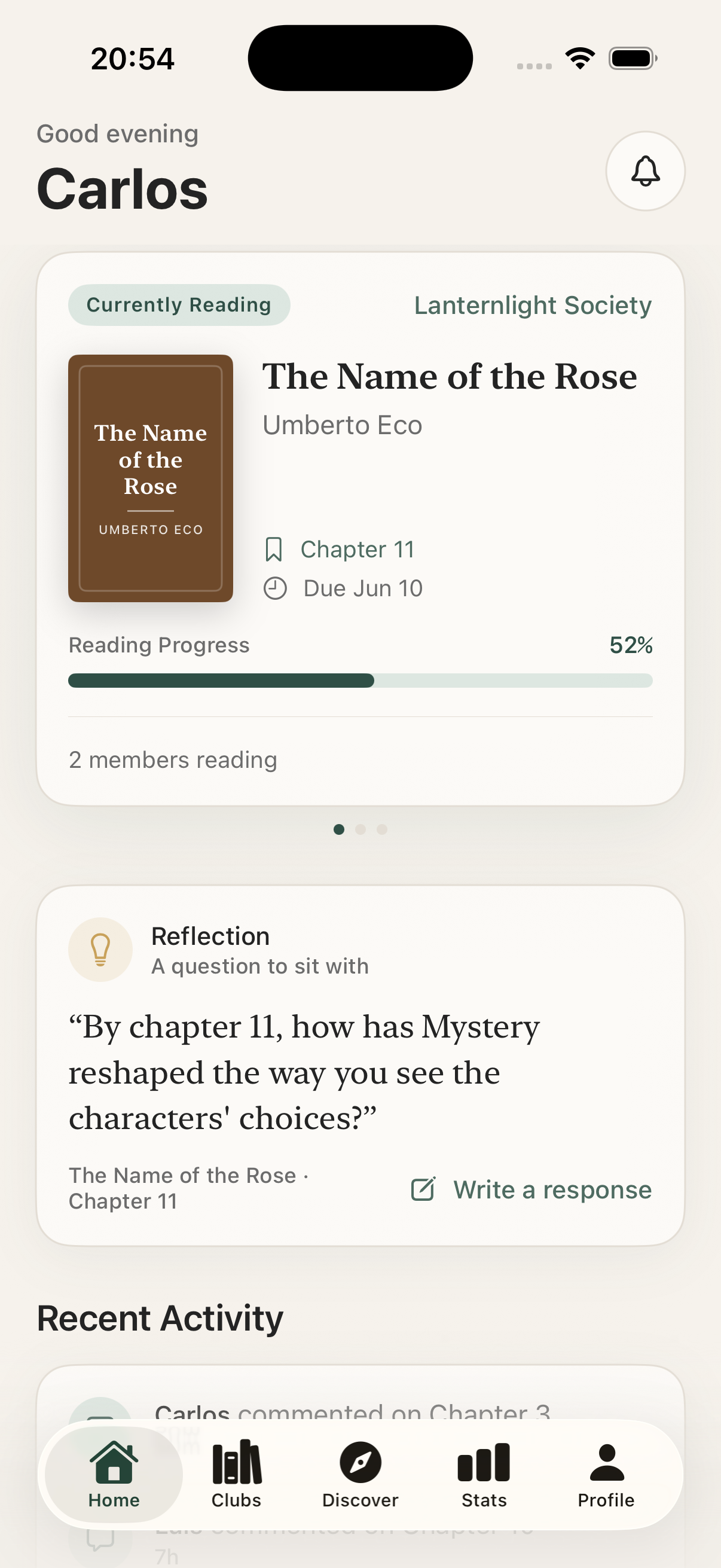The Lumira app showing a reading club's current book and progress